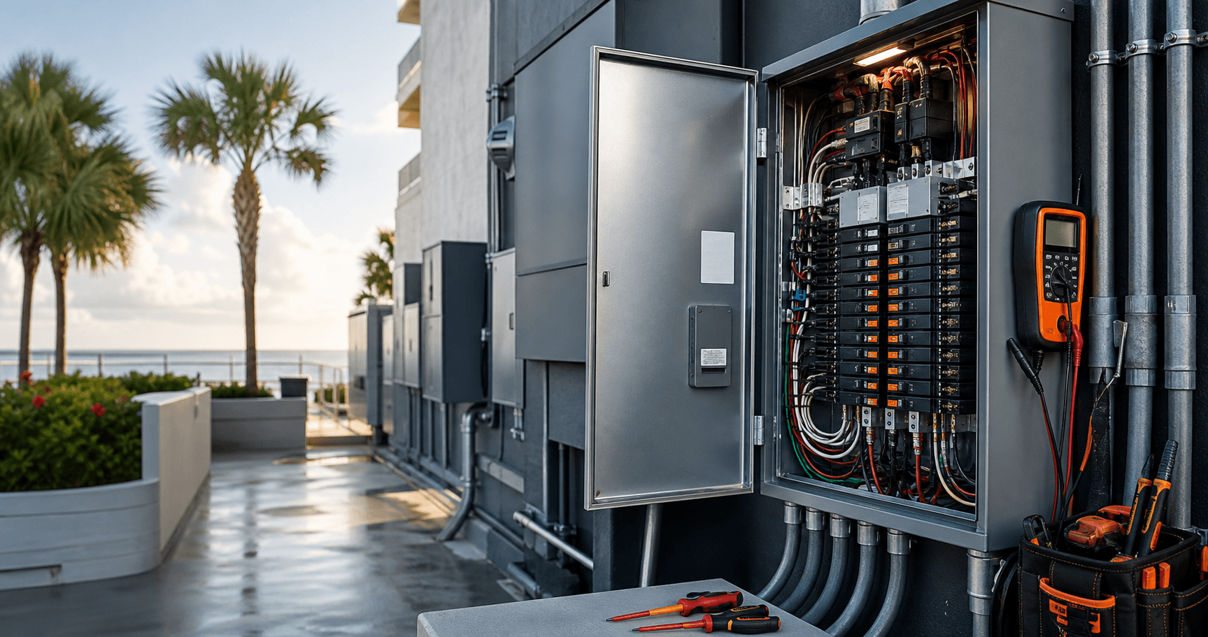 Commercial electrical panel service at a coastal resort property